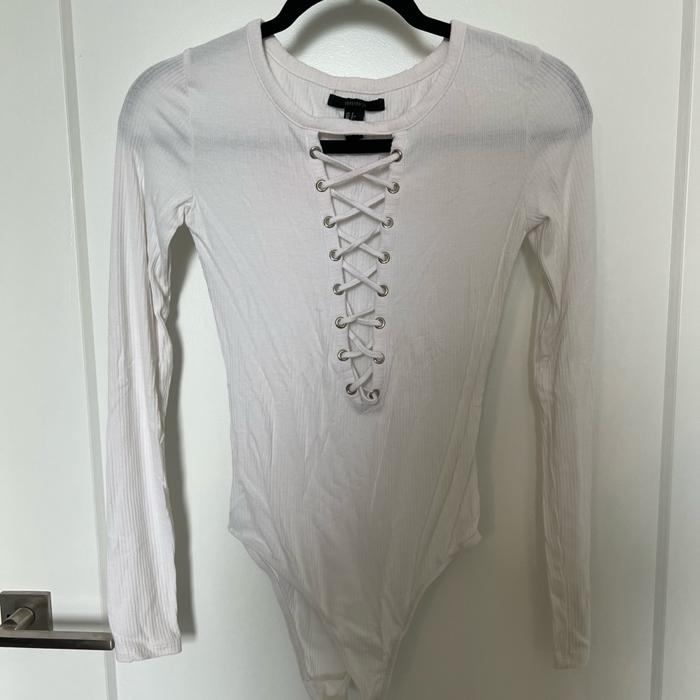 White Long Sleeve Lace-Up Bodysuit